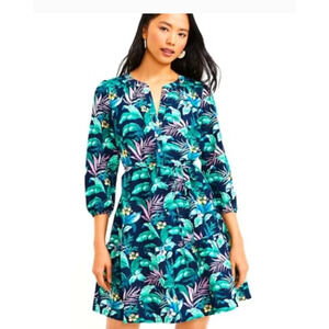 NWT LOFT Ann Taylor Medium Petite Green Pink Palm Henley Flounce Shirt Dress